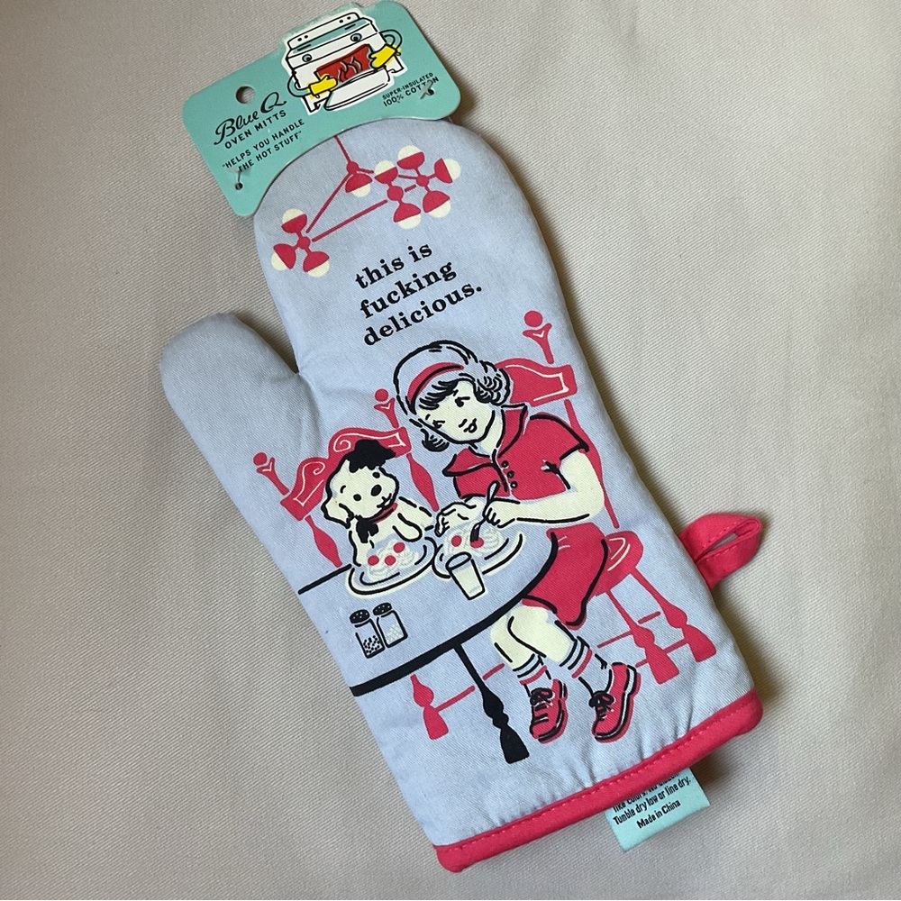 Retro BLUE Q Oven Mitt THIS IS F***ING DELICIOUS Girl & Dog POTHOLDER NWT